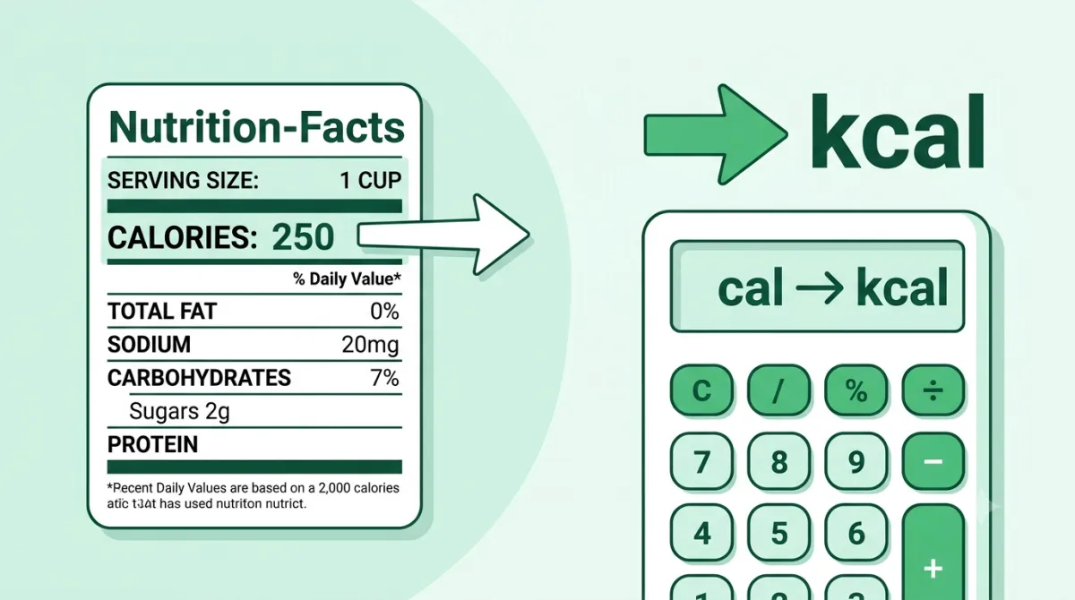 Converting calories (cal) to kilocalories (kcal) with a food label and calculator