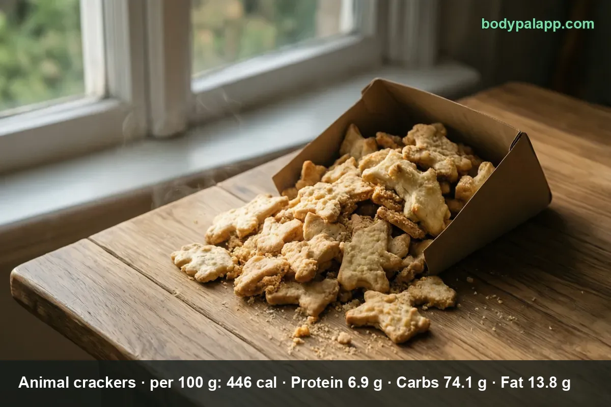 Brown cardboard box tipped on its side on a wooden table with about 20 animal crackers spilled out, faint steam rising.