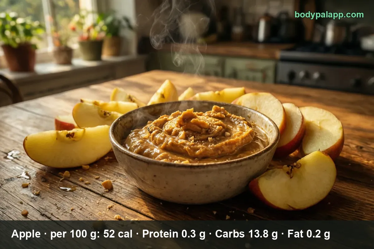 Close-up of a ceramic bowl of peanut butter topped with crushed peanuts, ringed by about eight fresh apple slices