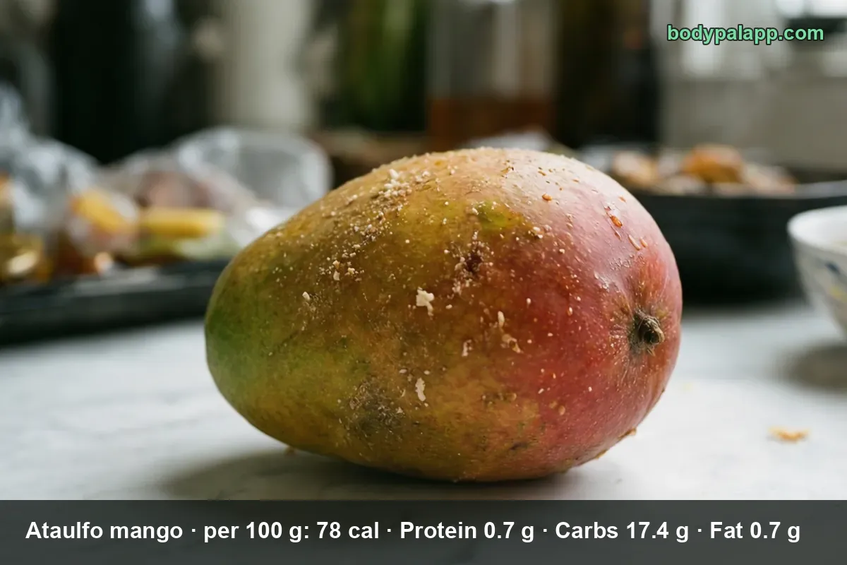 Whole ripe mango with red, green and yellow skin in close-up on a marble countertop