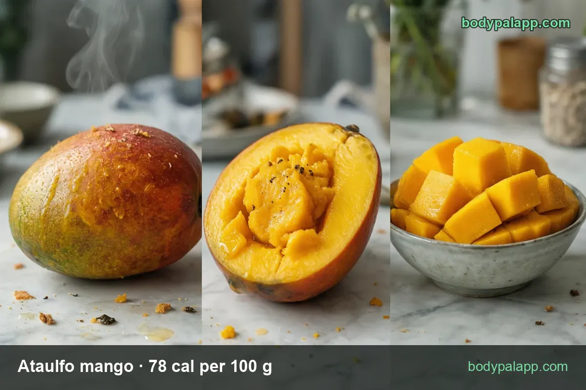 Halved mango with orange flesh and the pit removed next to a bowl of mango cubes, labeled 1 cup diced 129 cal and 1 mango 165 cal