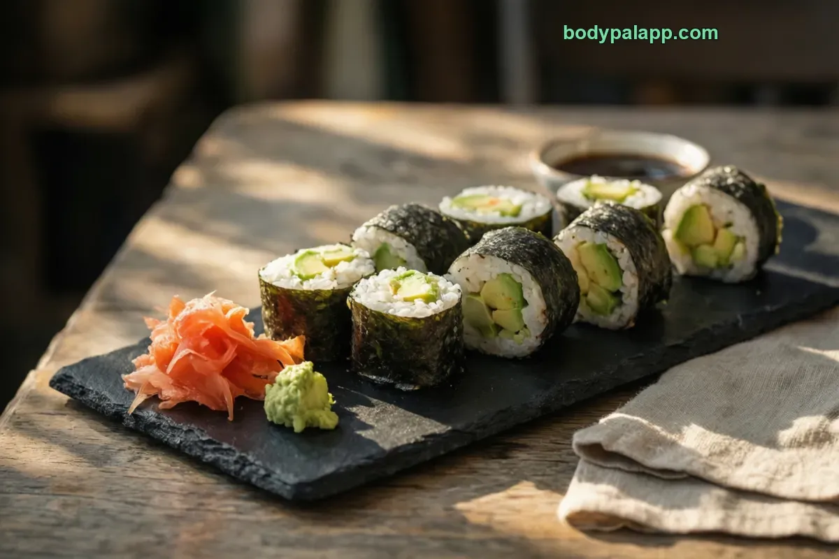 Avocado roll, rice, nori and avocado