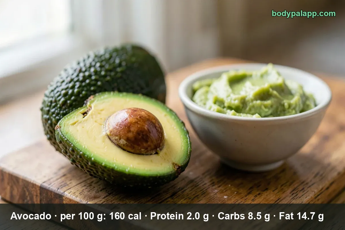 Whole avocado and a halved avocado with the pit on a wooden table