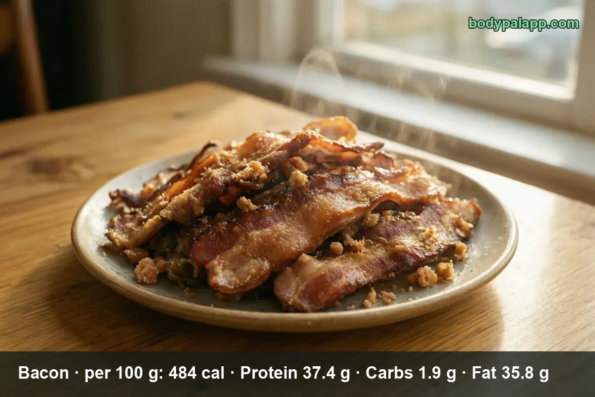 Pile of cooked bacon strips on a plate with crisp crumbs and rising steam