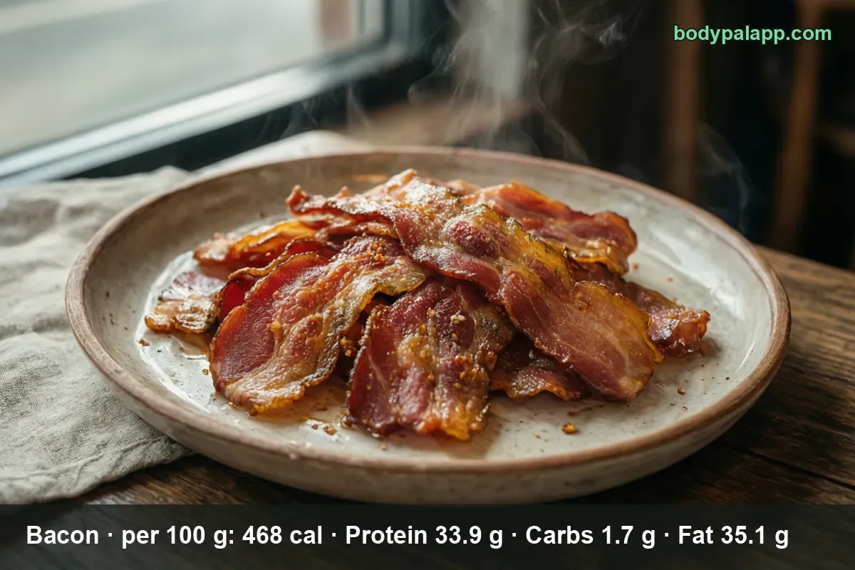 Pile of eight to ten cooked bacon strips on a plate, steam rising