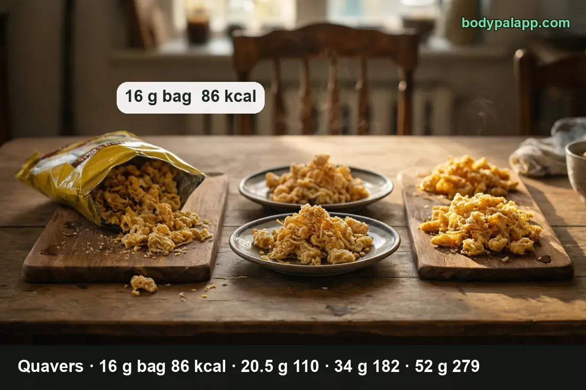 Quavers 16 g bag, 34 g grab bag and 52 g sharing bag calories compared