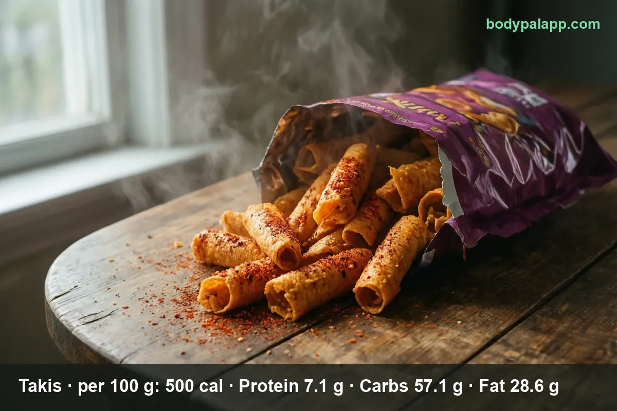 Purple Takis bag with unreadable yellow lettering and tightly rolled chili-dusted tortilla chips spilling out of it