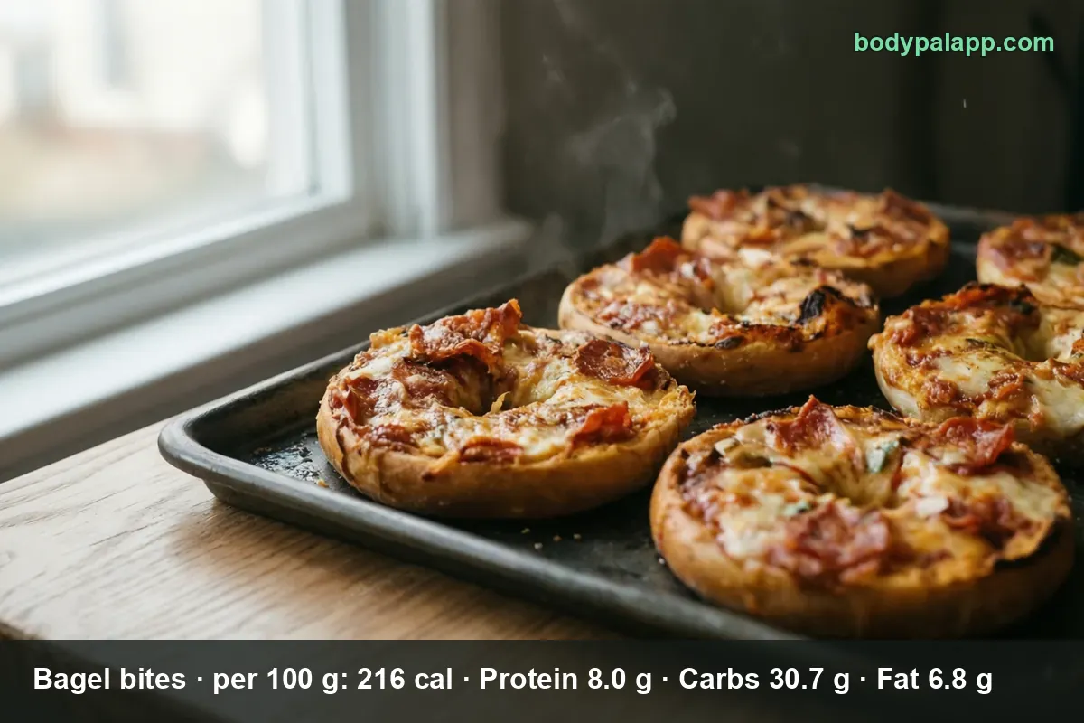Tray of five pizza bagel halves topped with pepperoni and melted cheese