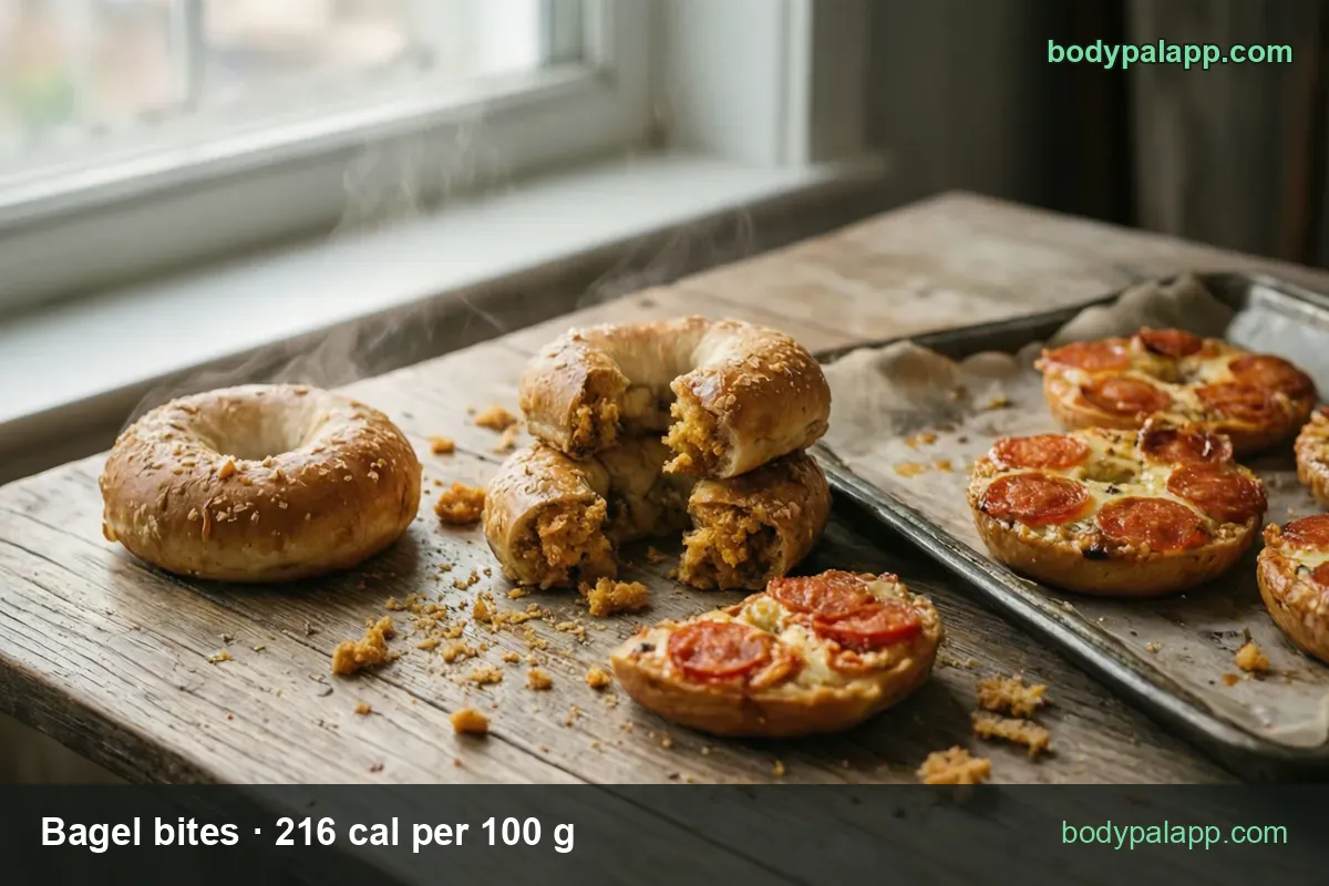 Sesame bagel, torn bagel with yellow filling and three pepperoni pizza bagel halves; 4 pieces (88 g) 190 cal, 1 piece (22 g) 48 cal