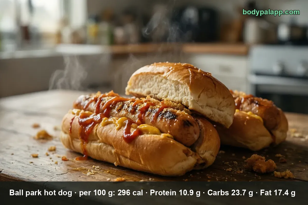 Two hot dogs in buns with ketchup and mustard, crumbs scattered on a wooden board