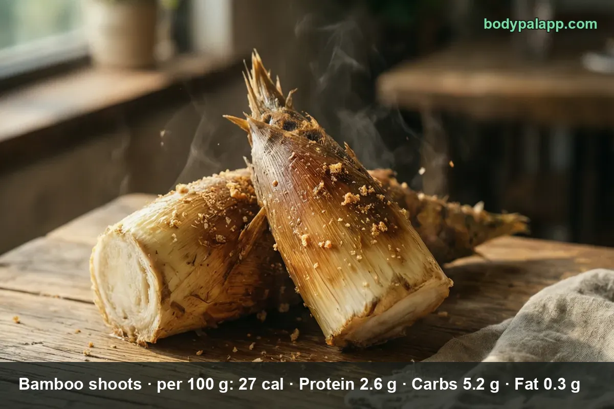 Close-up of two whole bamboo shoots on a wooden board