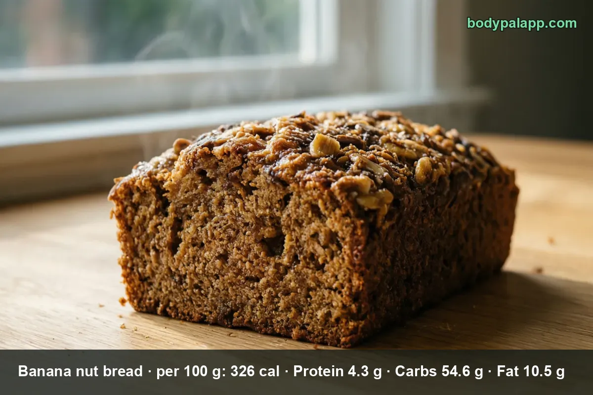Whole banana nut bread loaf with a walnut crumb crust and one end cut off, on a wooden board