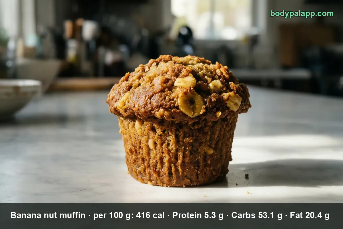 Banana nut muffin topped with walnuts and a banana slice, kitchen in the background