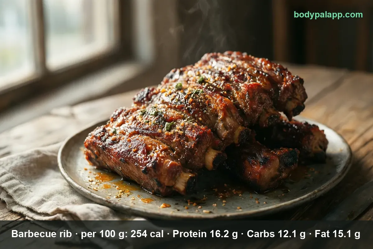 Whole rack of about six barbecue ribs with spice rub and herbs on a plate, steam rising