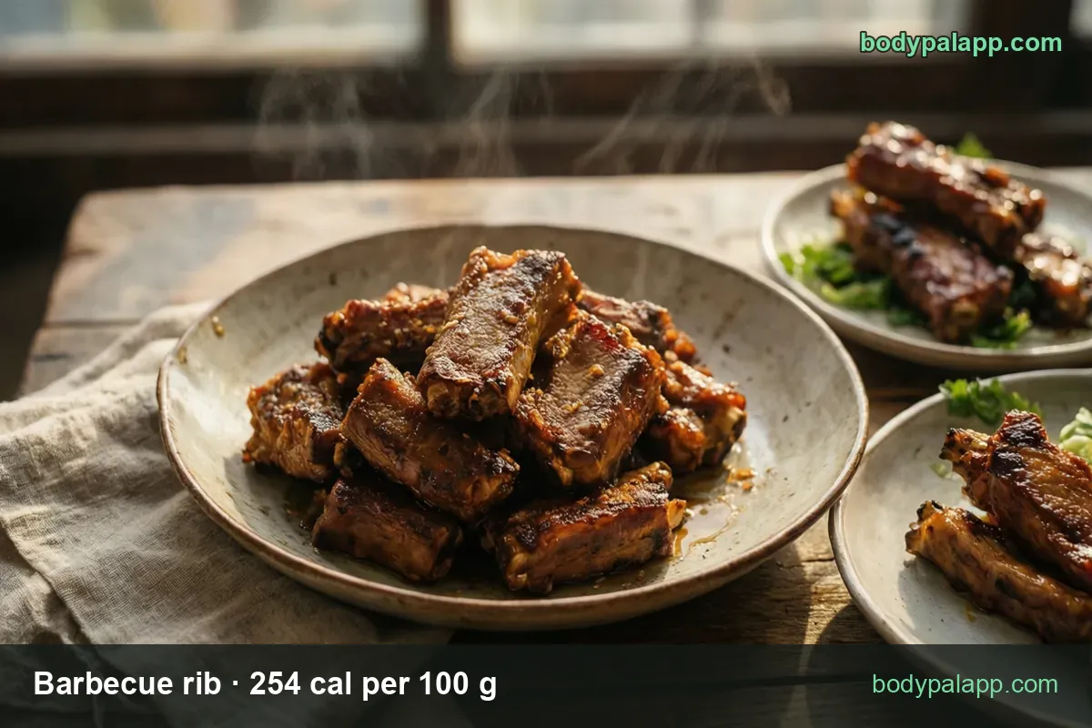 Bowl of glazed cut barbecue ribs, plates of three and two ribs behind; 1 rib (35 g) 89 cal, 3 ribs (105 g) 267 cal