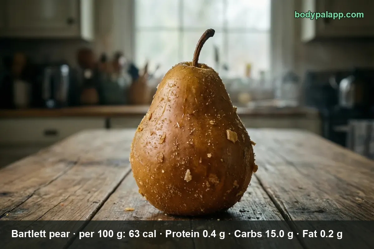 Large bronze-yellow Bartlett pear with water drops on a wooden board