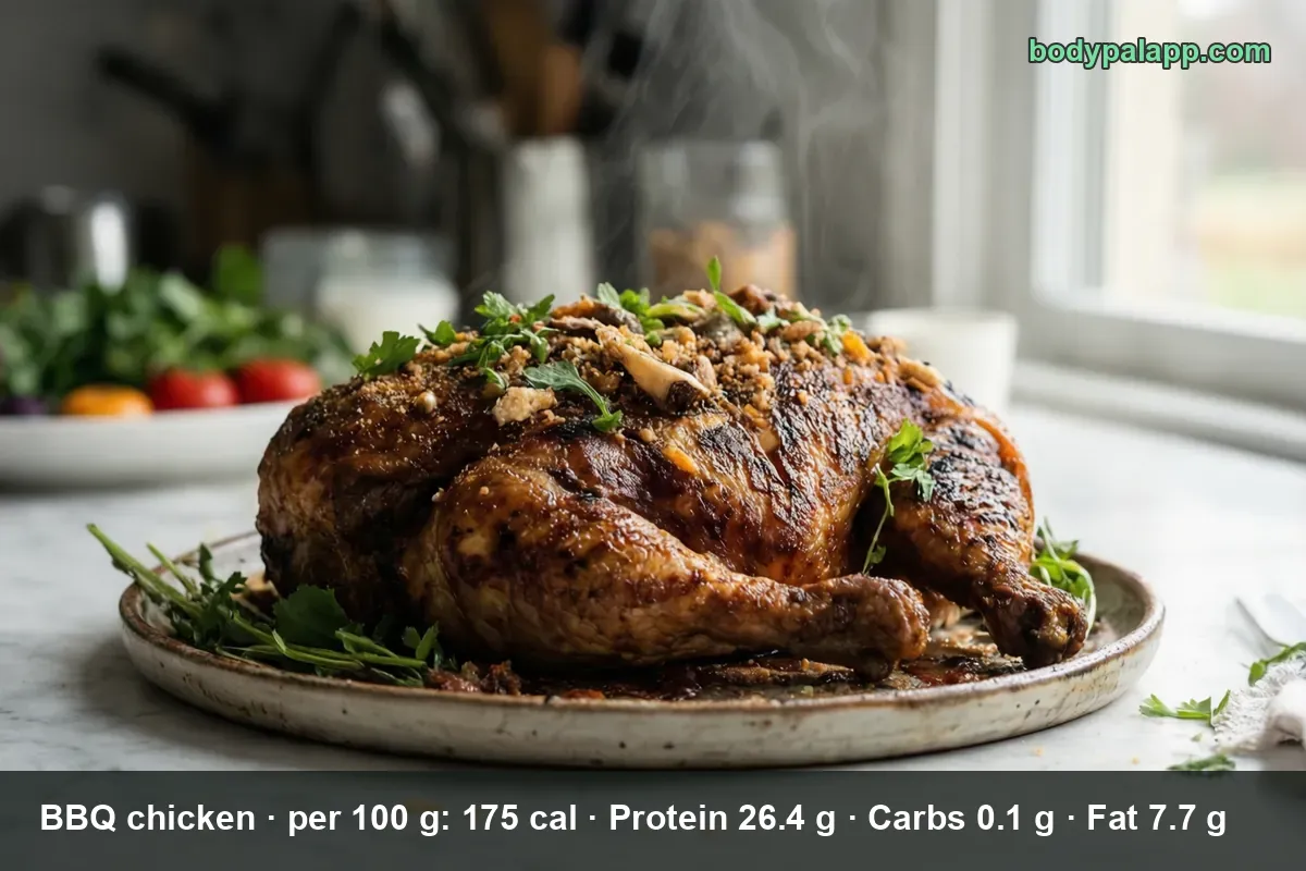 Whole roasted BBQ chicken with a herb and crumb crust, no red glaze