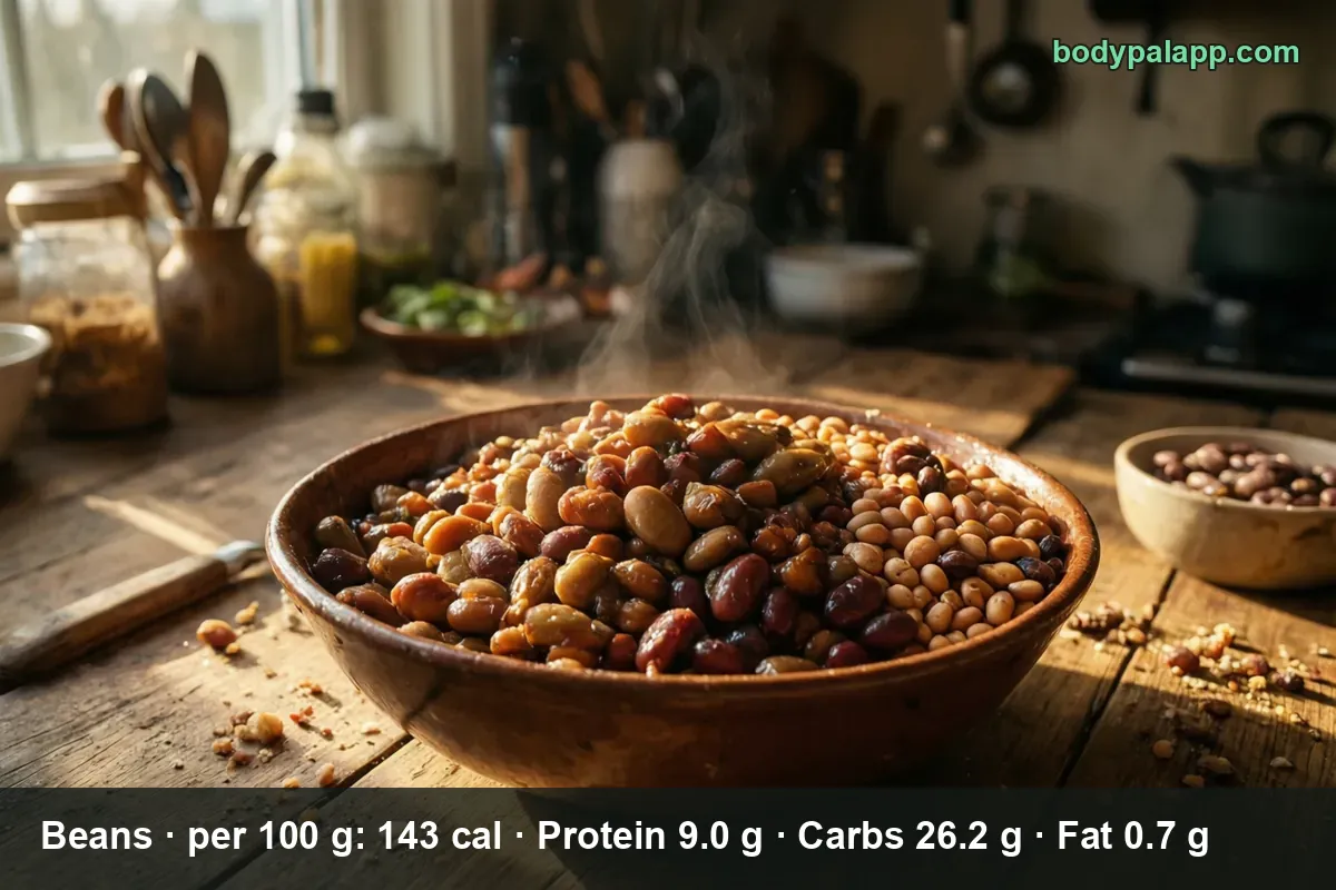 Large clay bowl of steaming mixed cooked beans with a small bowl of dry beans beside it.