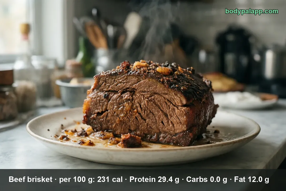Whole cooked beef brisket with a dark crust and sauce on a plate.