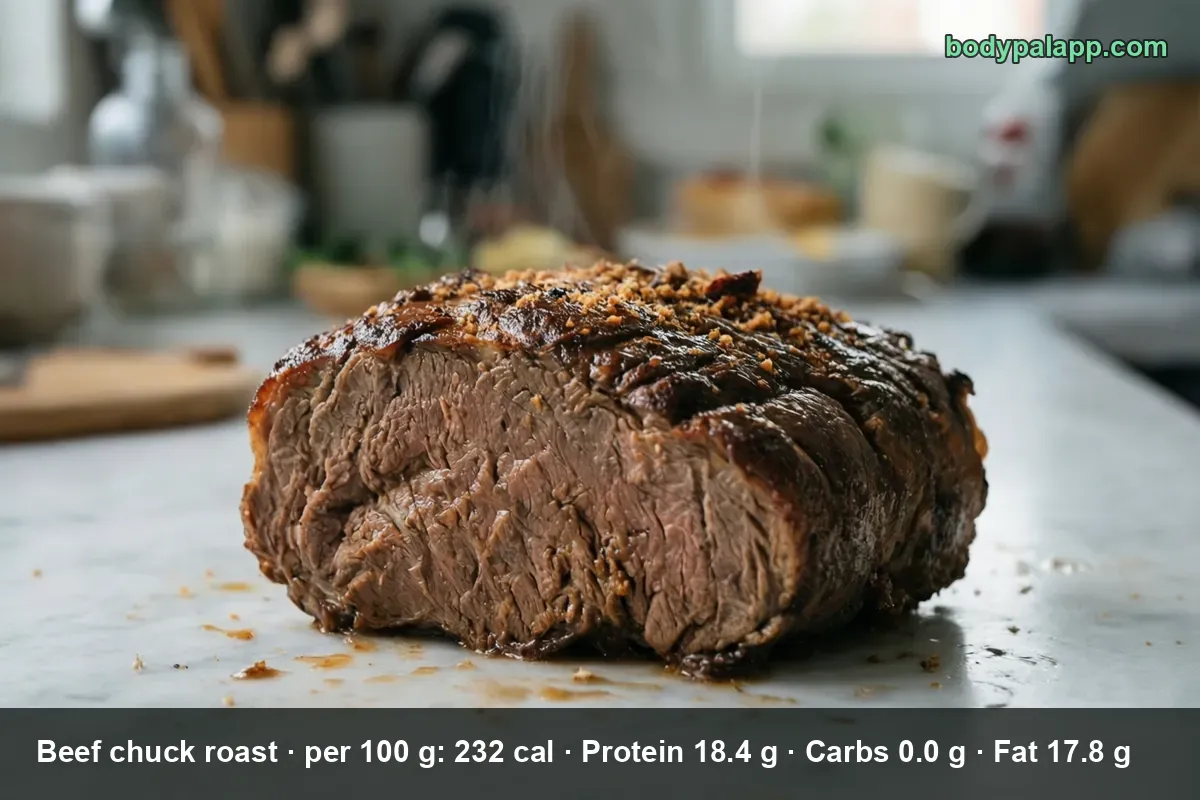 Whole roasted beef chuck roast with a seasoned browned crust and one cut end