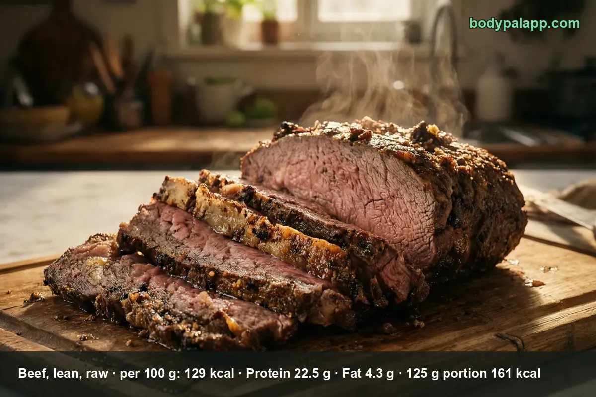 Raw lean beef steak - 129 calories per 100 g