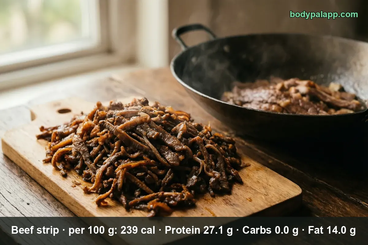 Pile of wok-fried beef strips with onion on a wooden board, a wok with more beef behind