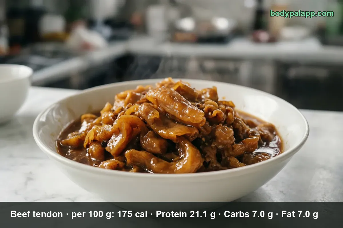 White bowl of glossy braised beef tendon strips in brown sauce, 3 pieces (57 g) about 100 calories