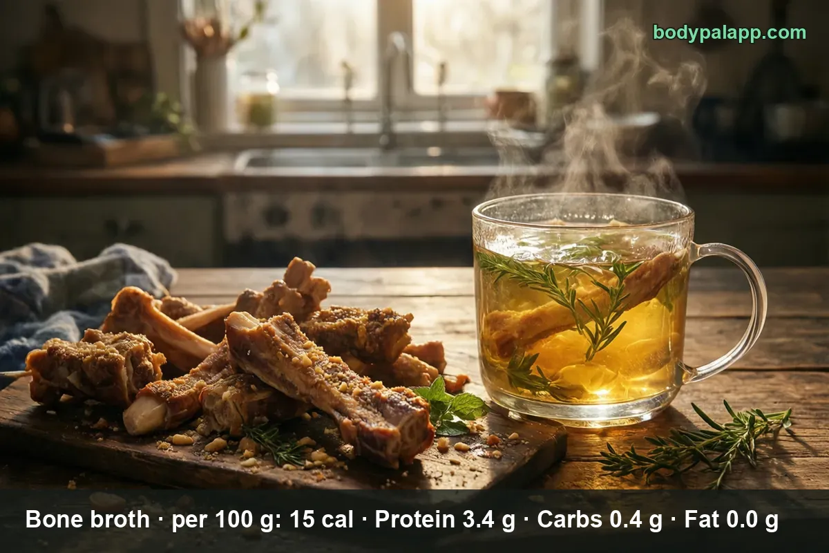 Clear golden bone broth in a glass mug with a rosemary sprig and a bone, next to roasted bones on a wooden board