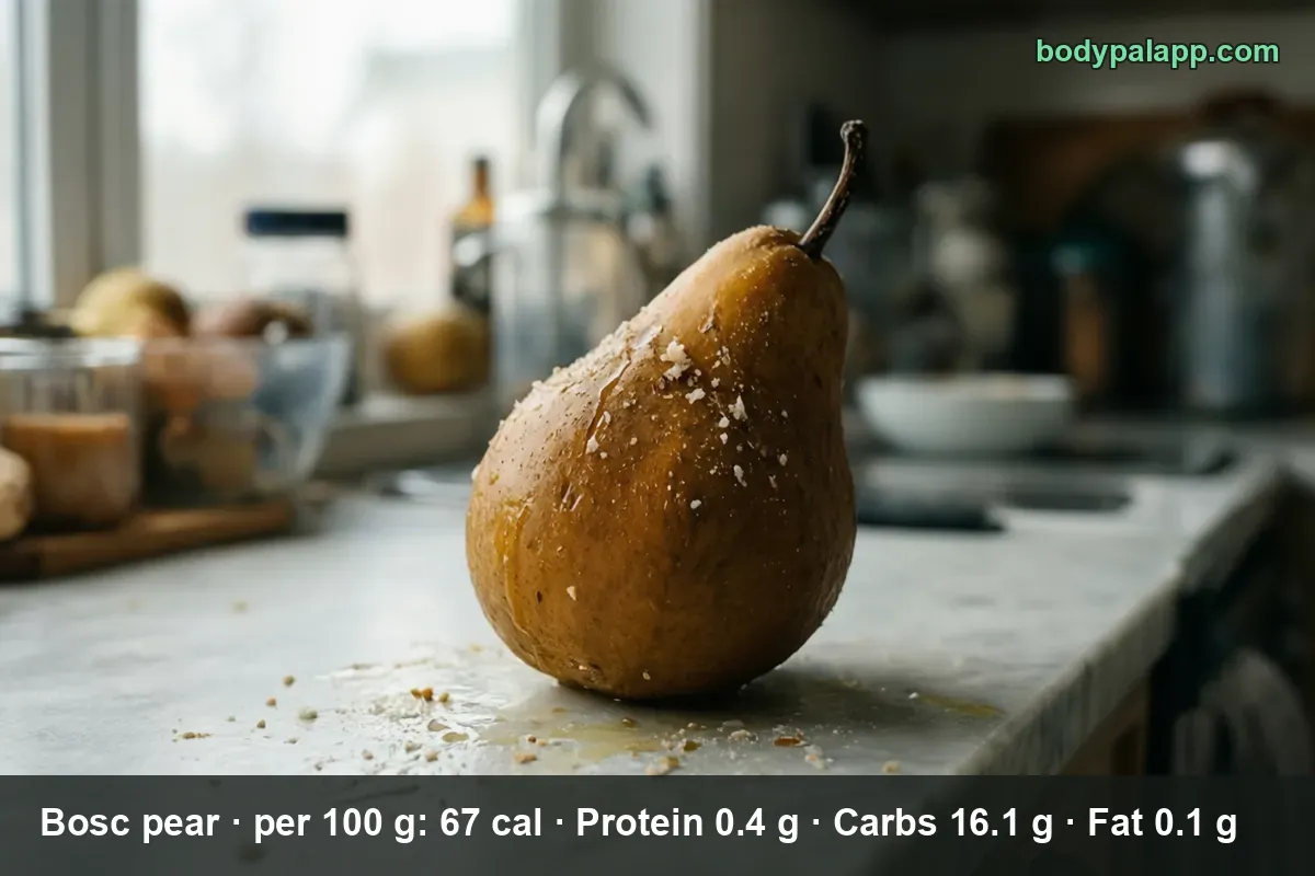 Whole brown Bosc pear with a long stem and sugar crumbs on the skin.