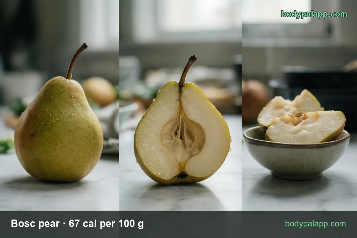 Whole pear, halved pear with seeds, bowl of three quarters — 1 medium (179 g) 120 cal, 1 cup sliced (140 g) 94 cal.
