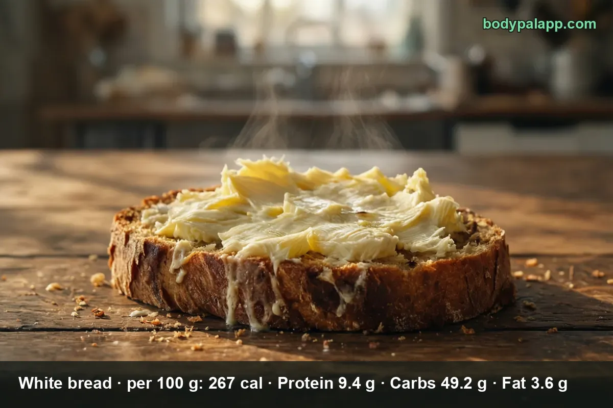 Thick slice of bread with melting flaky butter on top running down the crust, steam rising