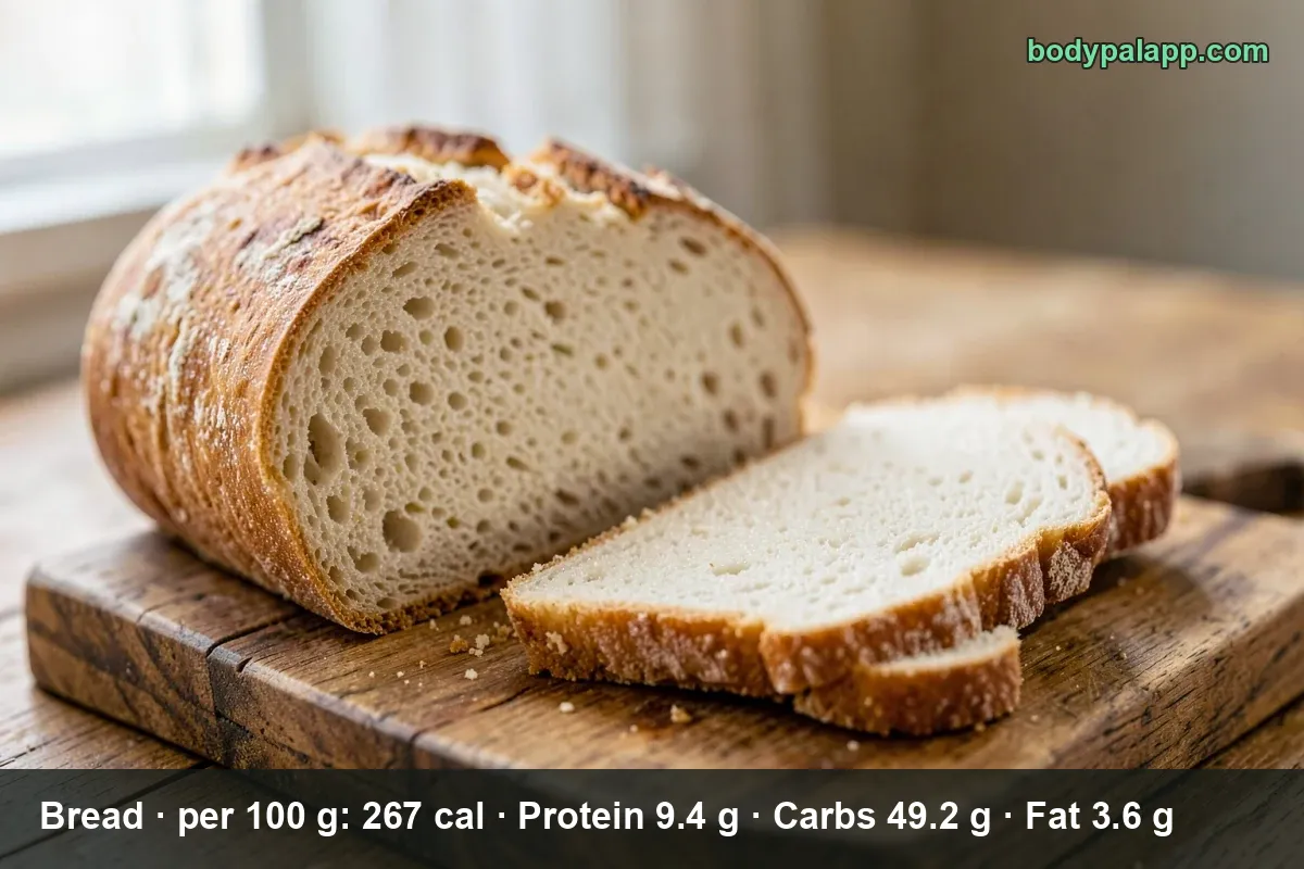 Rustic country loaf with two cut slices on a marble board, crust well baked.