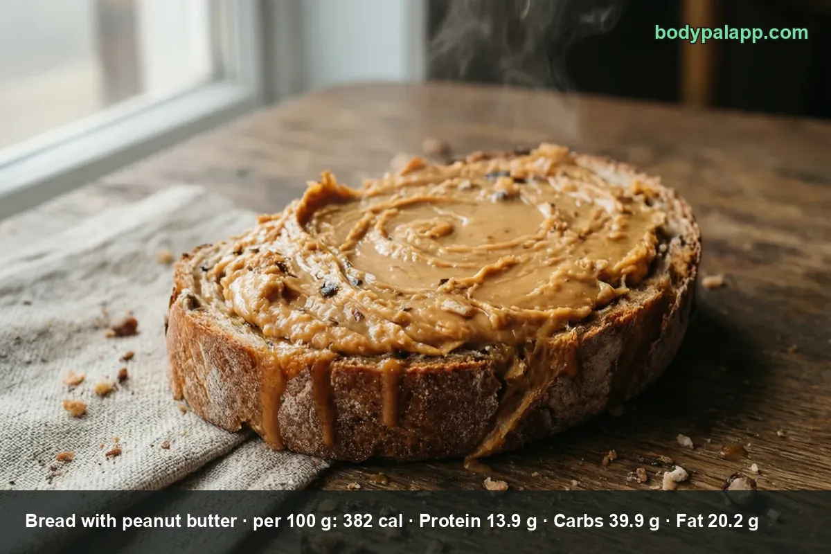 Thick slice of rustic bread thickly spread with peanut butter, still steaming