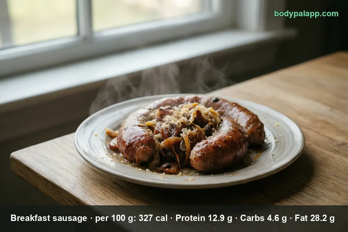Two large browned breakfast sausages coiled on a plate with braised onion and sauerkraut, steam rising