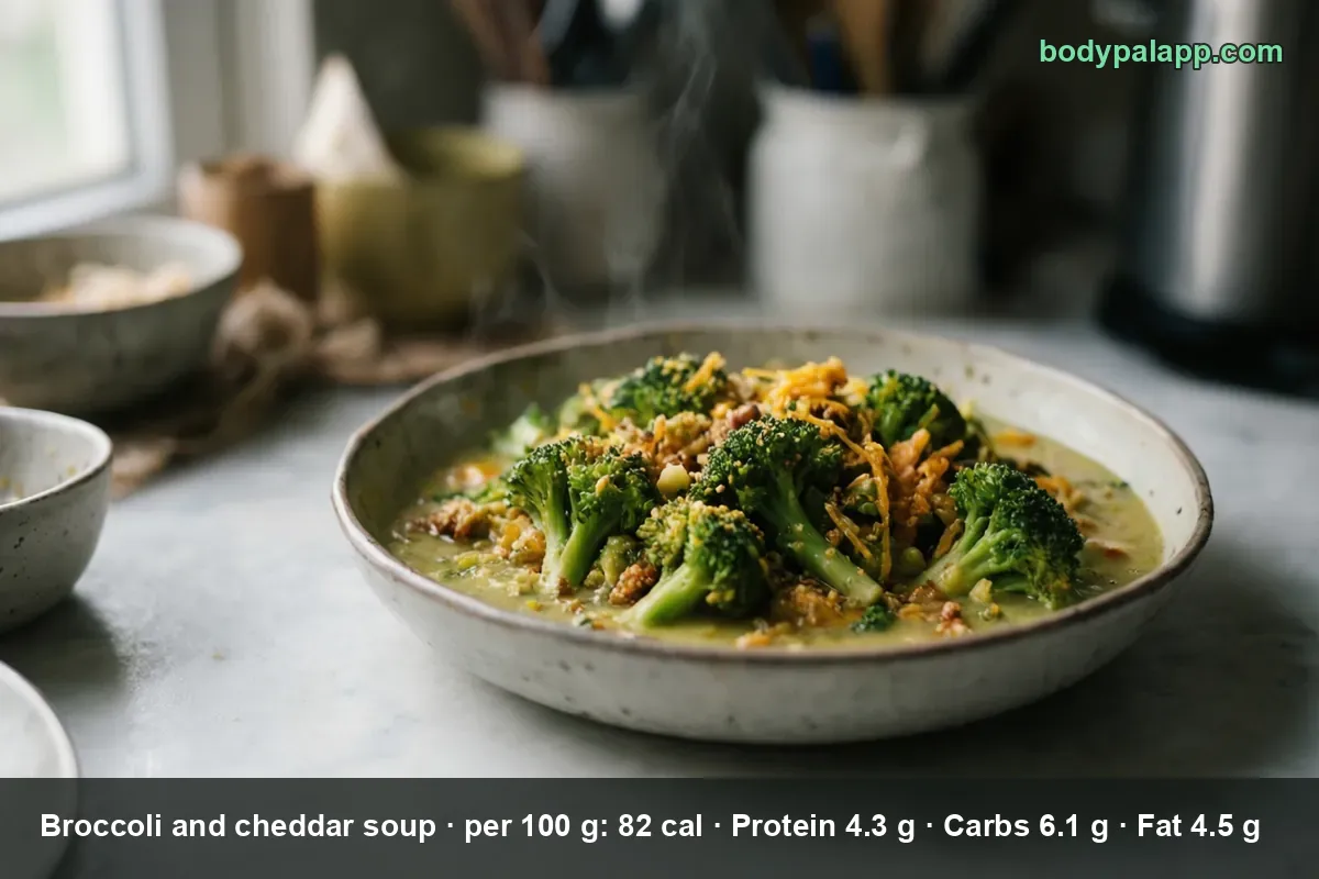 Bowl of thin broccoli and cheddar soup with whole broccoli florets and strips of shredded cheddar on top