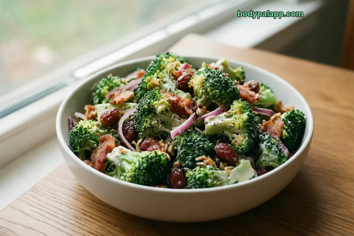 Broccoli salad, with cheese, bacon and dressing