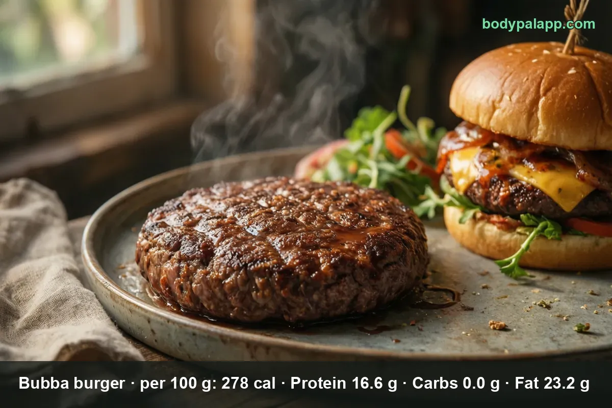 Grilled Bubba Burger patty with grill marks on a plate, with a whole cheeseburger with cheese and bacon beside it