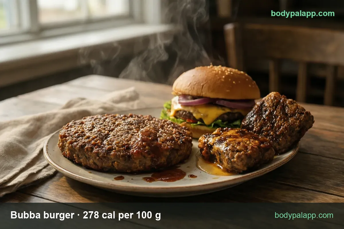 Cooked Bubba Burger patty, cheeseburger with onion and lettuce and two glazed patty pieces; 1 patty 420 cal, 2 patties 840 cal