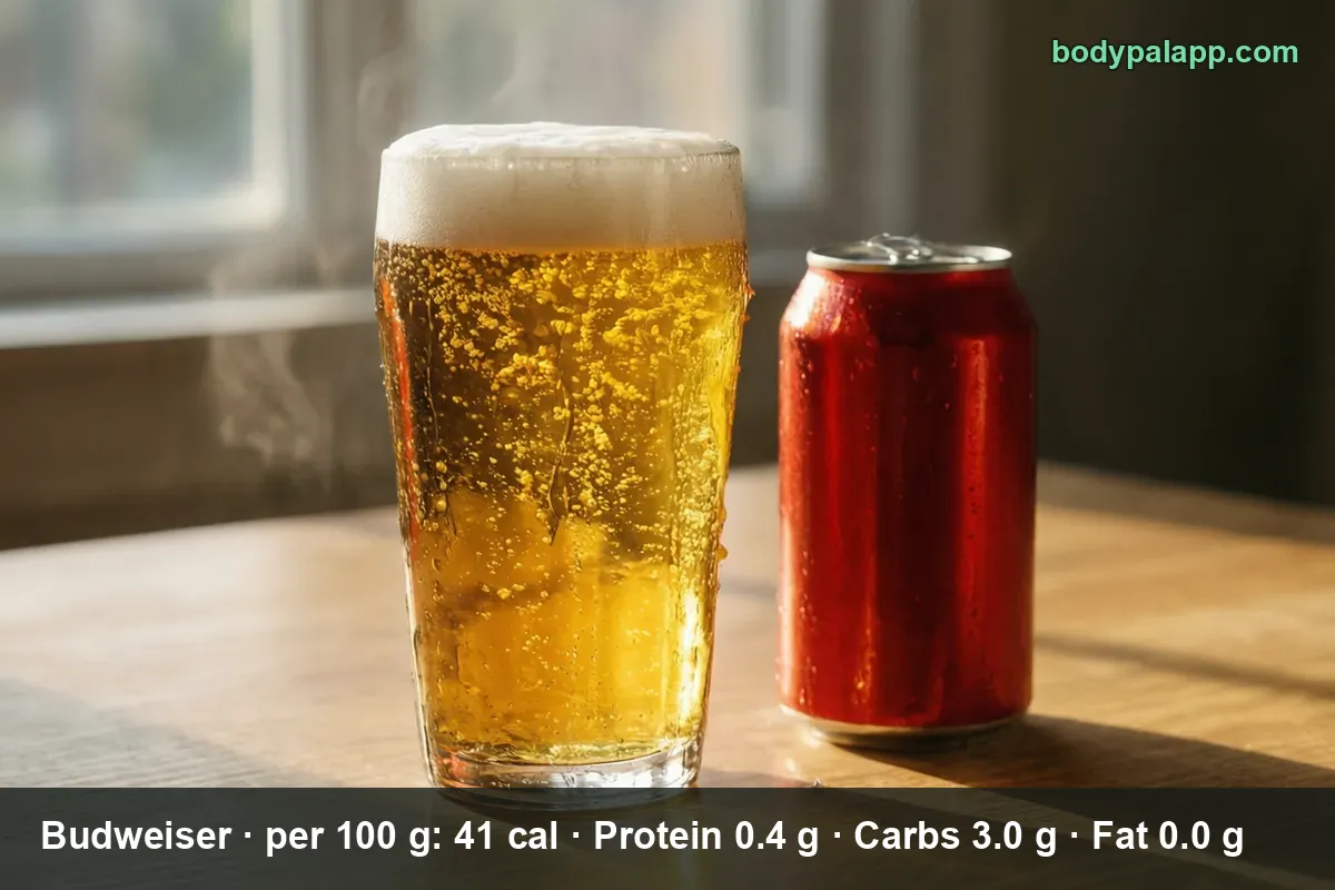 Pint glass of pale Budweiser beer with a thick foam head beside a plain red beer can
