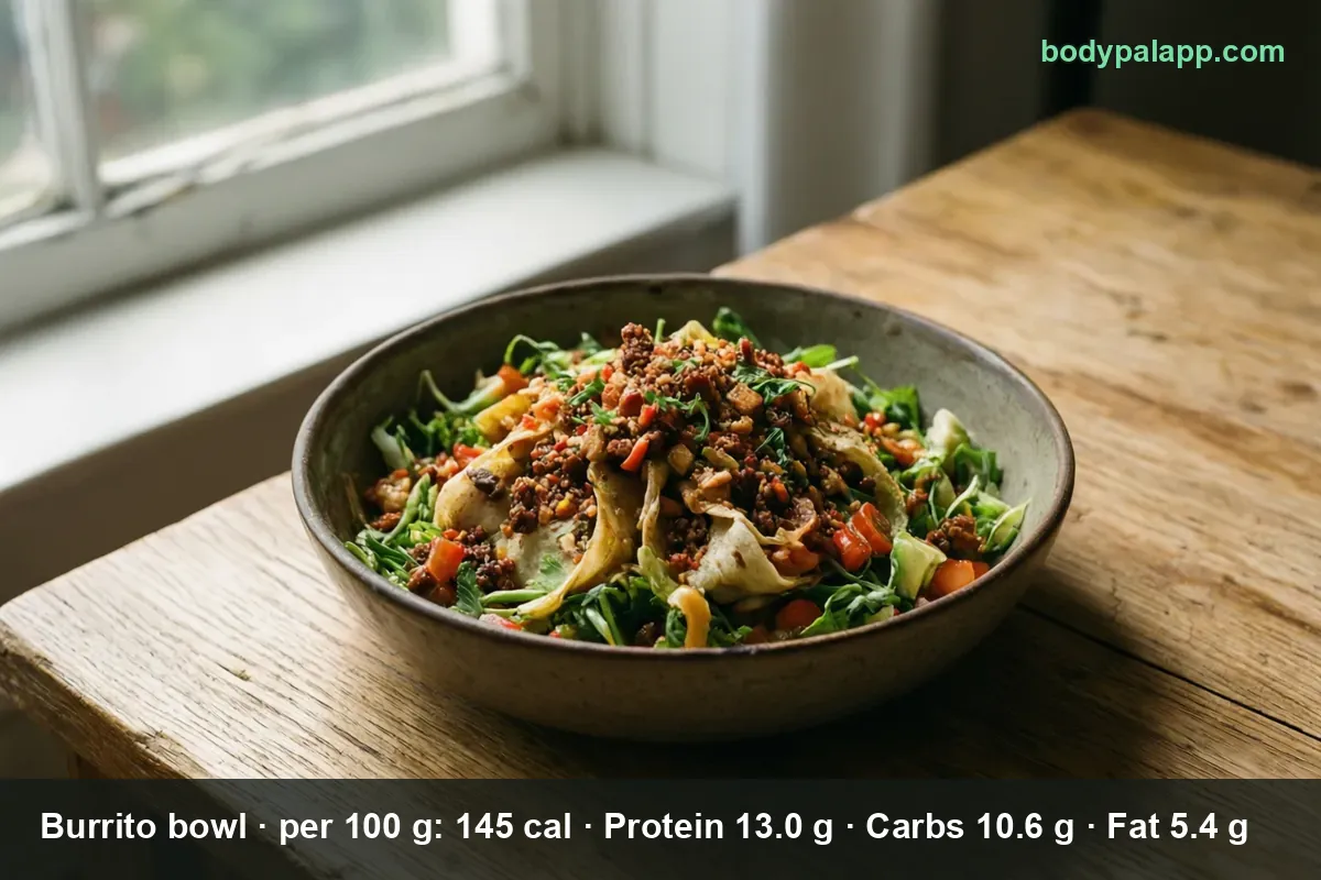 Burrito bowl of lettuce with ground beef, diced tomato and tortilla pieces
