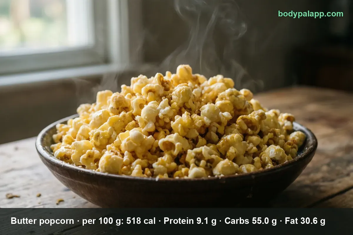 Butter popcorn, popped kernels coated in melted butter