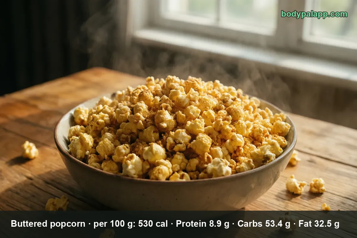 Full bowl of hot buttered popcorn, golden-yellow popped kernels with steam rising