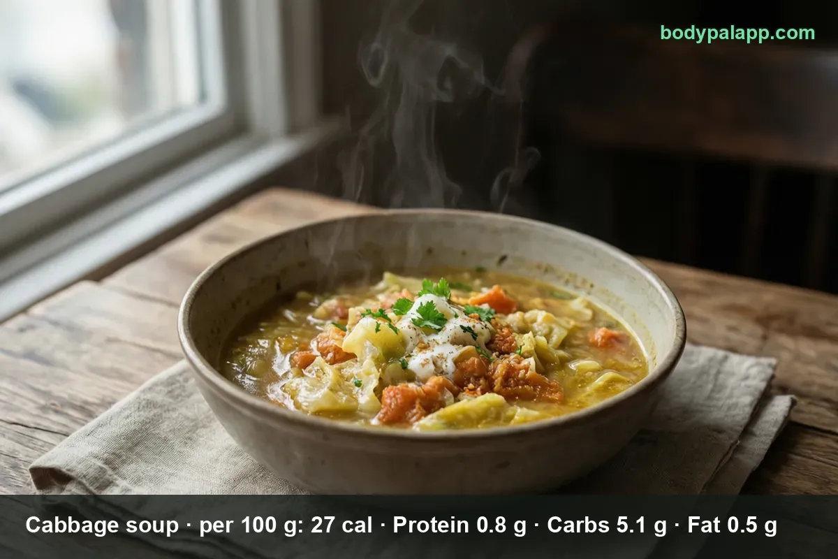 Bowl of clear cabbage soup with tomatoes, a spoonful of sour cream and parsley, steam rising.