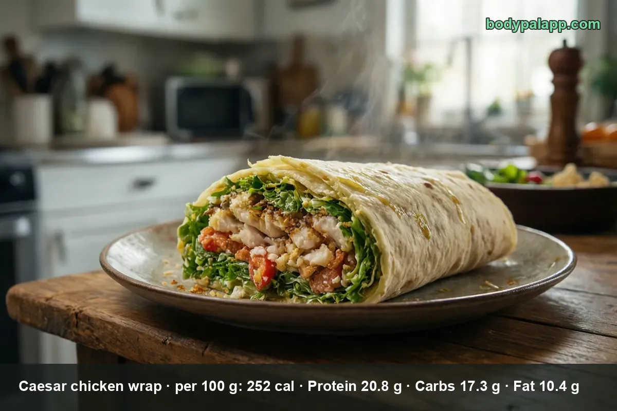 Close-up of a halved caesar chicken wrap, steam rising from the chicken, romaine, parmesan and crouton filling