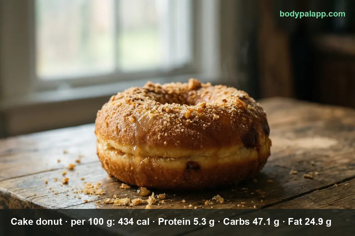 Cake donut ring topped with walnut crumbs and a light caramel glaze.