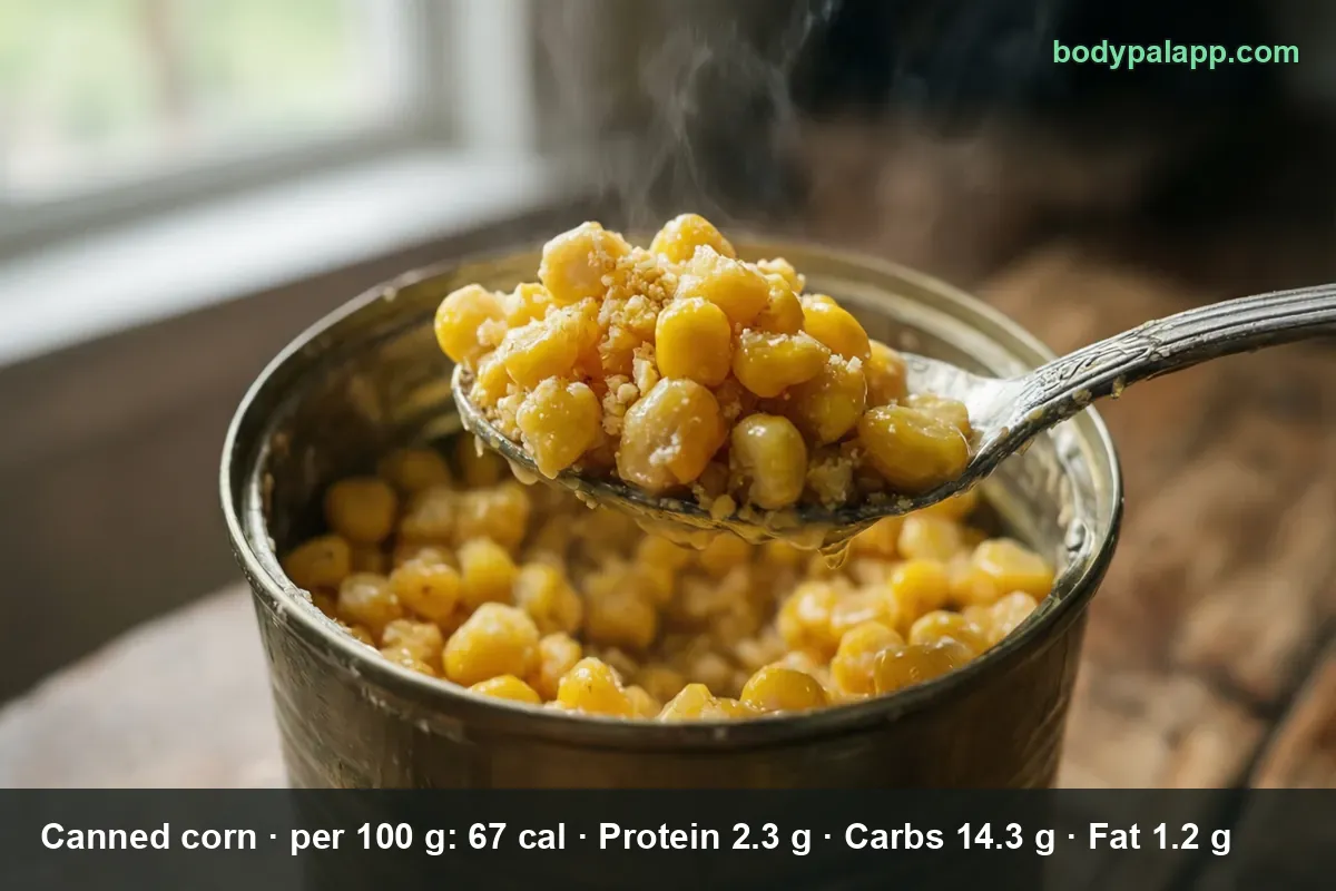 Open can of sweet corn with a spoonful of steaming kernels resting on top