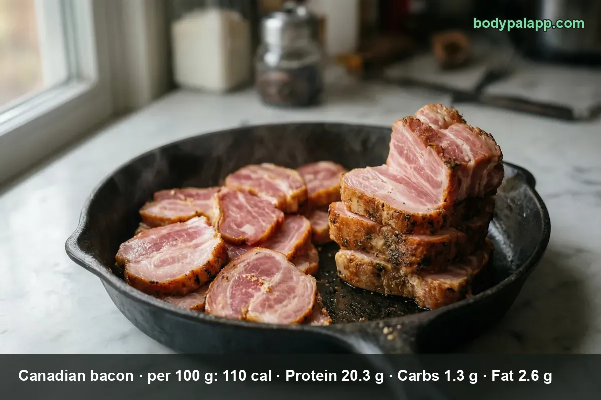 Round Canadian bacon slices browning in a skillet