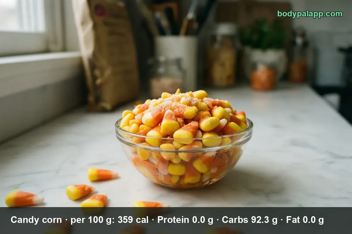 Glass bowl heaped with candy corn on a marble counter, eight pieces scattered in front.