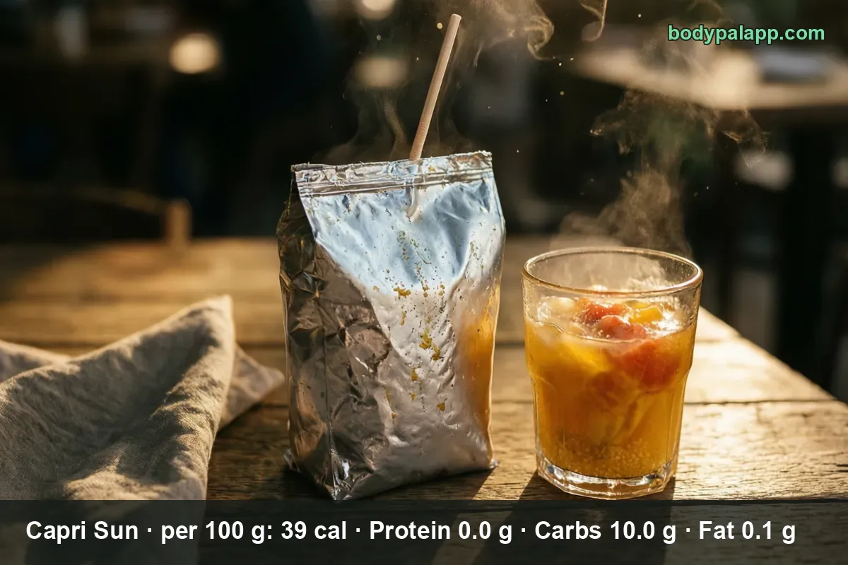 Silver foil juice pouch with a straw next to a glass of fruit juice with fresh fruit and rising steam.
