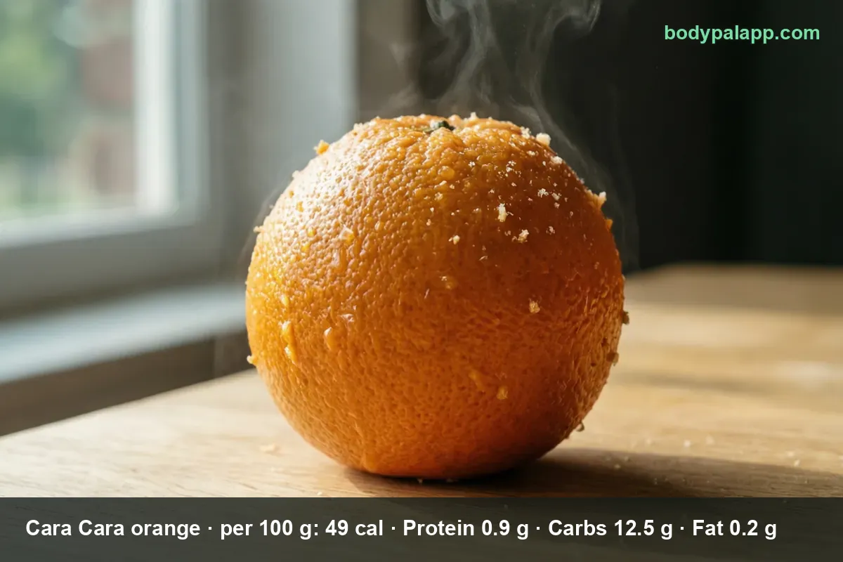 Whole Cara Cara orange with orange peel and white pith flecks, steam rising above it